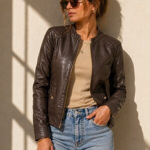 Womens Dark Brown Leather Moto Jacket